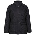 A black quilted jacket featuring a high collar and snap buttons in the front with two front pockets designed for warmth and casual wear.