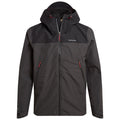 A black outdoor jacket with a hood features red zipper accents and pockets ready for use in various weather conditions designed for adventures in nature or urban environments.