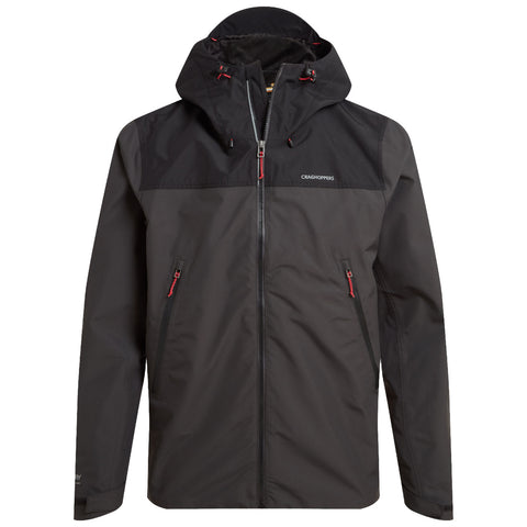 A black outdoor jacket with a hood features red zipper accents and pockets ready for use in various weather conditions designed for adventures in nature or urban environments.