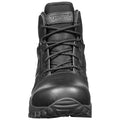 Black tactical boot with a sturdy rubber sole and reinforced toe appears upright showcasing laces and textured materials no other context is visible