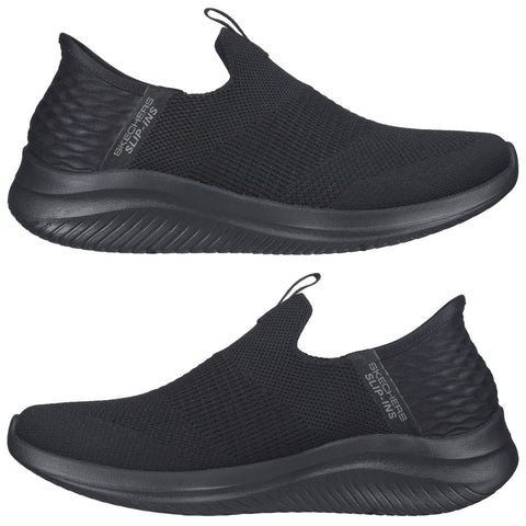 Black slip-on athletic shoes with a textured upper and a thick, cushioned sole are displayed from two angles, emphasizing their lightweight design and comfort for casual wear.