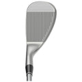 A golf club head is displayed prominently showing its angled face with grooves designed for ball grip and control emphasizing its polished metal finish in a simple isolated setting