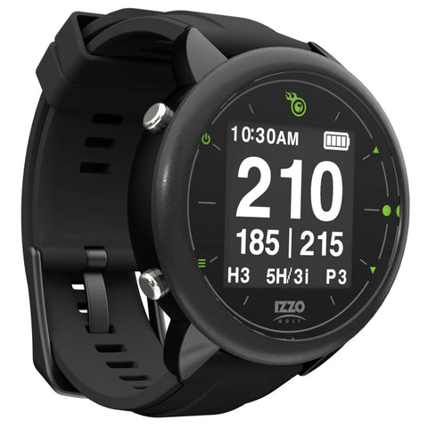 A black golf watch displays time and data with numbers such as 210 185 215 alongside icons and battery life indicating performance tracking in a sports context.