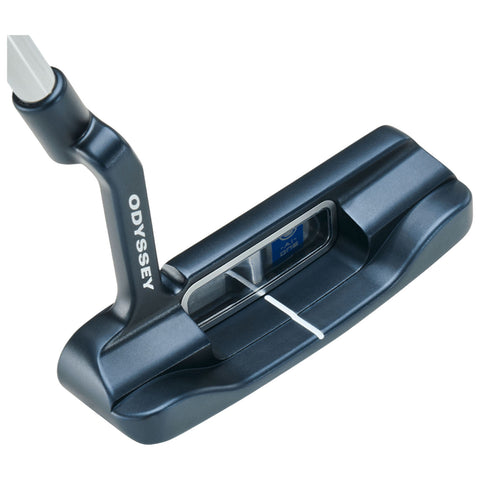 A black golf putter is positioned atop a flat surface with a white alignment line and a mid-section cavity view displaying a blue detail indicating a sighting feature.