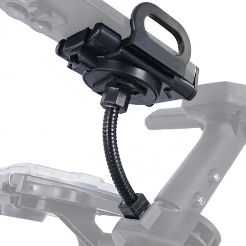 A black flexible mount securely holds a device and connects to a stable base indicating it is designed for adjustable positioning in a technical or professional environment.