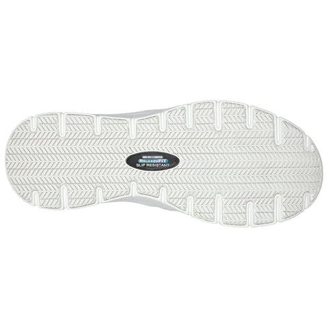 A white shoe sole is displayed upside down with a textured tread pattern on the surface labeled Relaxed Fit Slip Resistant indicating potential use in environments requiring grip and stability.