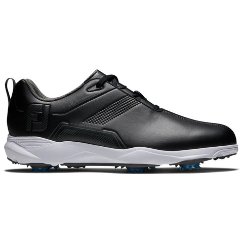 Black golf shoe with a sleek design featuring a textured upper and white sole is positioned on a neutral background highlighting its modern style and traction for performance on the golf course.