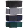 Four belts arranged vertically in different colors black gray navy and green featuring rectangular clasps with a logo creating a display of accessories suitable for casual wear.