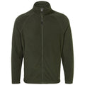 A dark green fleece jacket hangs stationary featuring a zip-up front and a high collar suitable for warmth in casual or outdoor settings.