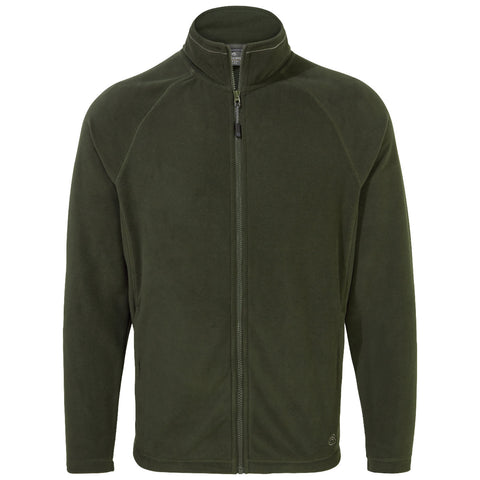 A dark green fleece jacket hangs stationary featuring a zip-up front and a high collar suitable for warmth in casual or outdoor settings.