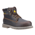 A sturdy safety boot features a brown leather upper with lace-up design and metal eyelets offering support and protection for various work environments against hazards and rough conditions.