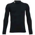 A black long-sleeve athletic shirt is displayed facing forward with a high collar and a logo on the shoulder indicating it is designed for active wear in warm or cool conditions.