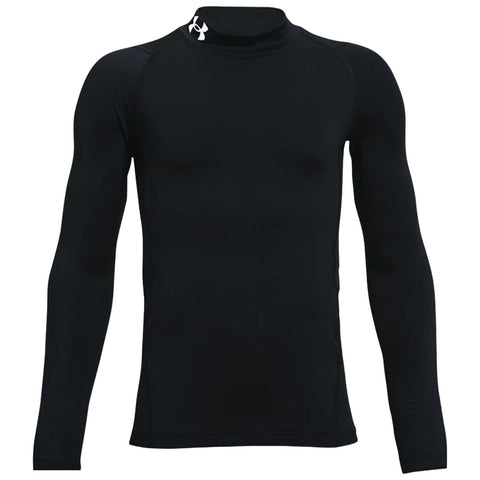 A black long-sleeve athletic shirt is displayed facing forward with a high collar and a logo on the shoulder indicating it is designed for active wear in warm or cool conditions.