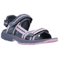 A pair of women's sandals features gray and pink straps with adjustable buckles providing support the sandals are designed for outdoor activities and casual wear.