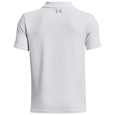 A light gray polo shirt displays a smooth fabric texture with a collared neck and short sleeves featuring a small logo detail on the back above the neck area.