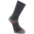 A black sock with gray heel and toe features red stripes and a logo on the front it is positioned upright against a neutral background showcasing its design and material texture.