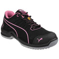 A black and pink sneaker is positioned at an angle showcasing its mesh upper and cushioned sole with a prominent logo on the side designed for comfort and performance.