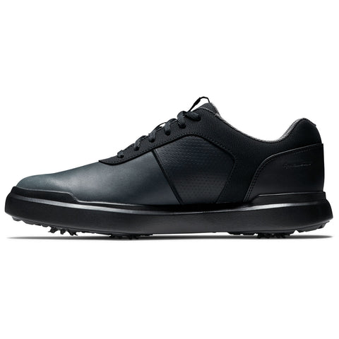 A black golf shoe featuring a smooth upper and textured accents is positioned on a white background highlighting its sleek design and practical features for outdoor sports activity.