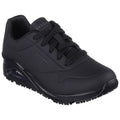 A black sneaker with a sleek design features a perforated upper and thick rubber sole. It has laces for fastening and is branded with “SKECHERS” on the side.