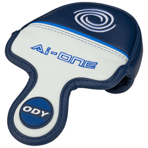 A hand-held padded object designed for protection in sports is positioned in an upright manner featuring a blue and white color scheme with logos and labels visible on the surface.