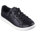 A black sneaker is positioned prominently its laces are tied and the shoe features a smooth textured leather upper with a white rubber sole showcasing a casual sporty design.