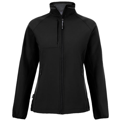 A black zip-up jacket features a high collar and long sleeves with two side pockets and one chest pocket showcasing a minimalist design suitable for casual or outdoor activities.