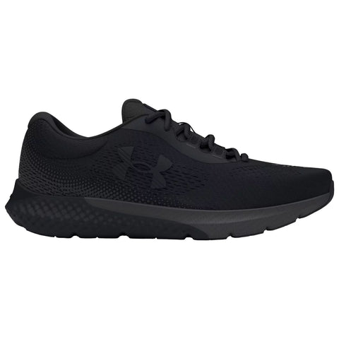 A black athletic shoe is displayed with a textured upper and lace details resting on a neutral background showcasing its streamlined design and performance-oriented features.