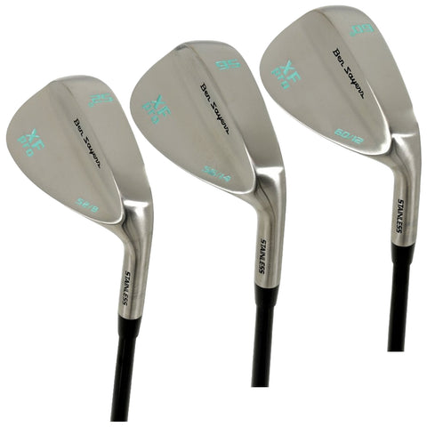 Three golf clubs are displayed standing upright with angled heads showcasing polished stainless steel surfaces The clubs are labeled with loft angles and brand details in black text