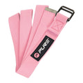 A pink strap made of textured fabric lies flat showcasing a metal buckle attached at one end and a logo patch labeled PURE, suitable for use in various applications like fitness.