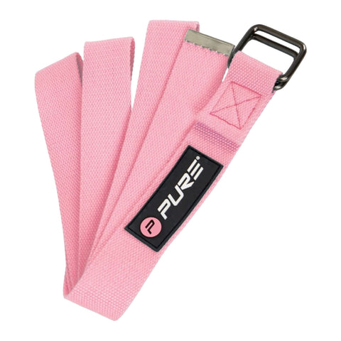 A pink strap made of textured fabric lies flat showcasing a metal buckle attached at one end and a logo patch labeled PURE, suitable for use in various applications like fitness.