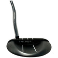 A black golf putter with a curved head rests on a flat surface showcasing a sleek design three white alignment lines are visible on the face and the text TRI HOT appears prominently.