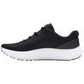 A sports shoe features a black mesh upper with a white sole designed for comfort and traction positioned against a plain background highlighting its sleek design.