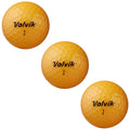 Three yellow golf balls are arranged in a row displaying the logo Volvik and the number 1 on the surface against a plain white background.