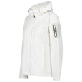 A white jacket with a hood is displayed facing right featuring a zippered front and a pocket on the left arm designed for outdoor use or casual wear.