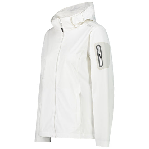 A white jacket with a hood is displayed facing right featuring a zippered front and a pocket on the left arm designed for outdoor use or casual wear.