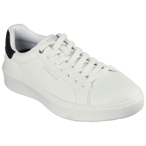 A white sneaker is positioned at an angle showcasing its smooth leather surface and lace-up design featuring a black heel and branding on the side ideal for casual wear.