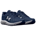 Navy blue athletic shoes with a mesh upper and white logo are positioned side by side highlighting their design and cushioning features suitable for sports and running activities.