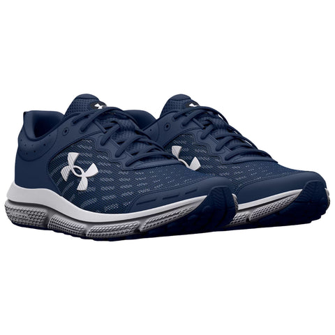 Navy blue athletic shoes with a mesh upper and white logo are positioned side by side highlighting their design and cushioning features suitable for sports and running activities.