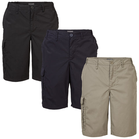 Three pairs of shorts in black navy blue and light khaki are displayed next to each other showcasing their varying colors fabric and cargo pockets designed for casual outdoor wear.