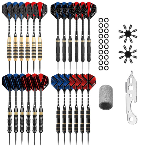 A set of fifteen darts is arranged neatly with colorful flights in red and blue alongside various accessories including rubber o-rings a sharpener and a foam protector placed on a white background