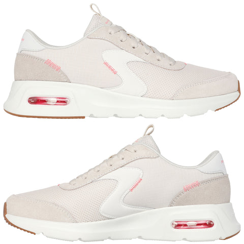 A pale beige sneaker with a mesh upper is displayed from multiple angles featuring a pink accent stitching a cushioned sole and a visible air unit in the heel area