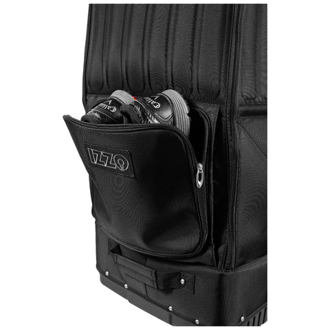 A black sports bag with a zippered front pocket holds two pairs of black shoes positioned side by side showcasing a structured design suitable for travel or sports activities.