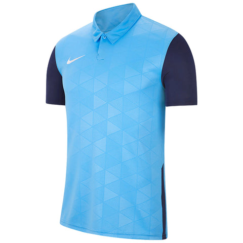 A blue polo shirt with a geometric pattern is displayed upright. It features short navy sleeves and a collar, suggesting a sporty design suitable for casual or athletic contexts.