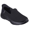 Black slip-on sneaker features a mesh upper for breathability and a cushioned sole for comfort placed on a plain white background showcasing its design and material.