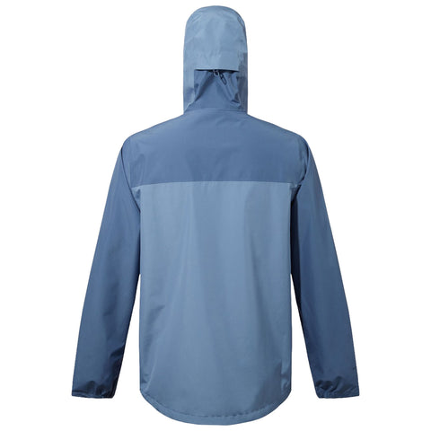 A blue hooded jacket hangs vertically displaying a simple and functional design suitable for outdoor use in various weather conditions against a plain background.