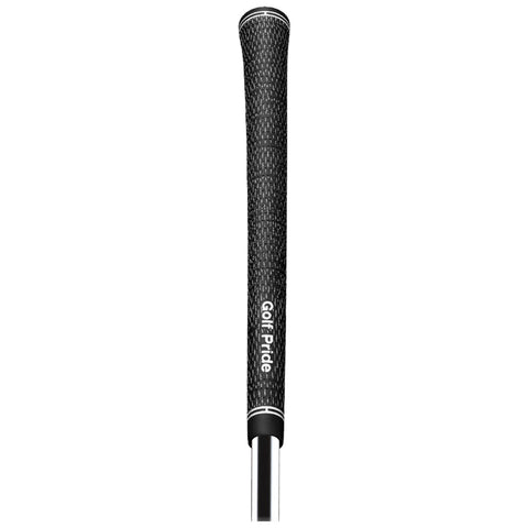 A black golf club grip with a textured surface is positioned vertically against a plain background the grip is branded with the Golf Pride logo in white text.