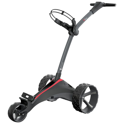 A golf push cart with a sleek design has three large wheels and a sturdy handle for maneuvering it across the golf course carrying golf clubs and gear.