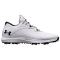 A white athletic shoe is displayed angled to the right with a textured upper and dark sole featuring protruding spikes for traction highlighting its sleek design and functionality.