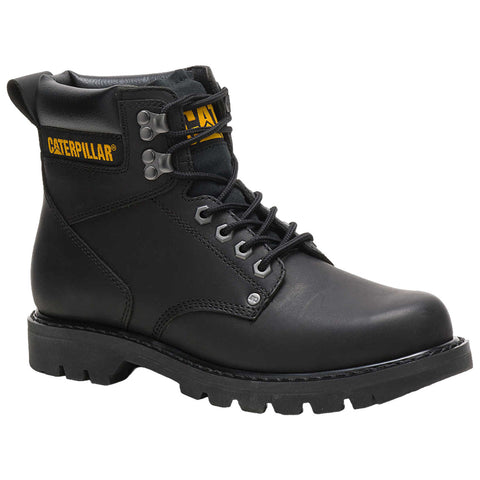 A black work boot stands upright featuring a sturdy leather exterior laced up with black strings showcasing the logo "CATERPILLAR" prominently on the side designed for heavy-duty use.