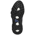 A black athletic shoe sole with textured rubber tread patterns features white cushioning elements and a blue Adidas logo on the side, designed for traction and comfort during physical activity.